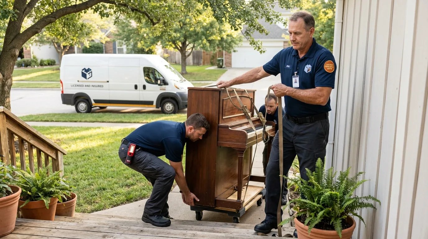Licensed piano movers securing grand piano in Forest, OH