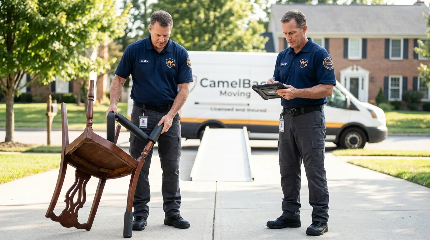 Movers inspecting furniture for damage prevention before loading in Forest, OH