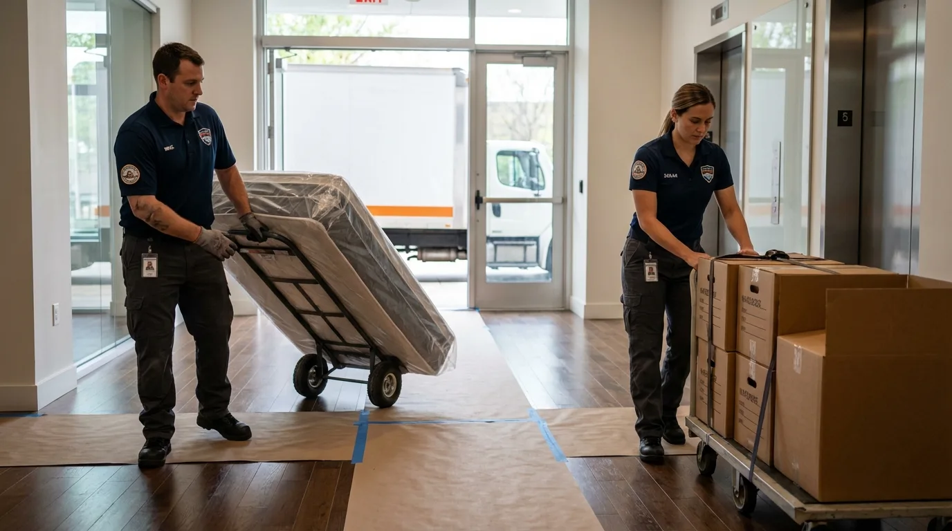 Professional apartment movers loading elevator in Forest, OH